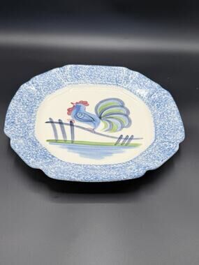 Vintage Rooster Chicken LA Pottery Blue Sponge Ware Dinner Plate Hand-painted